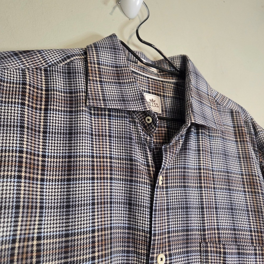 Peter Millar Glen Plaid Button Down Shirt Mens Large Blue Brown Cotton L/S